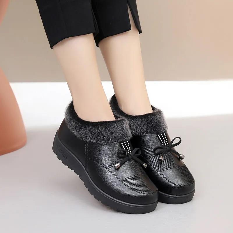 Winter Plus Velvet Warm Women's Cotton Shoes Soft Sole Thickened Waterproof Non-slip Leather Boots