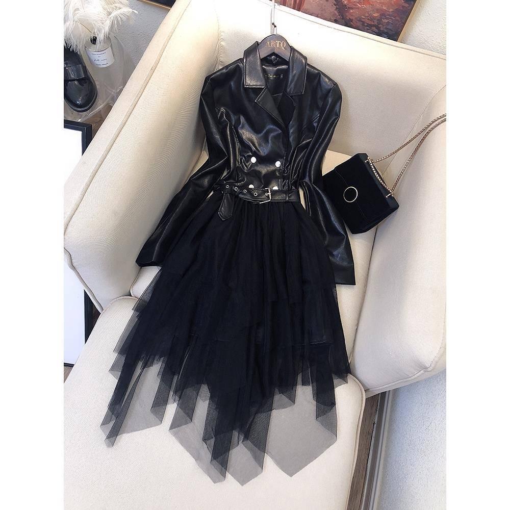 Irregular Leather Suit Skirt PU Leather Stitching Mesh Gauze Fake Two Long Dresses