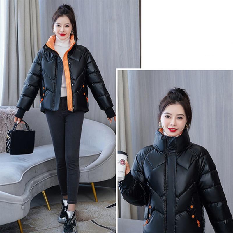Women's Shiny Short Down Jacket Winter Korean Style Loose Quilted Jacket Casual Stand-collar Padded Jacket