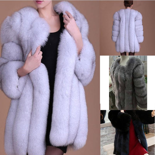 Women Warm Faux Fox Fur Coat Long Winter Fur Jacket Ladies Elegant Outerwear