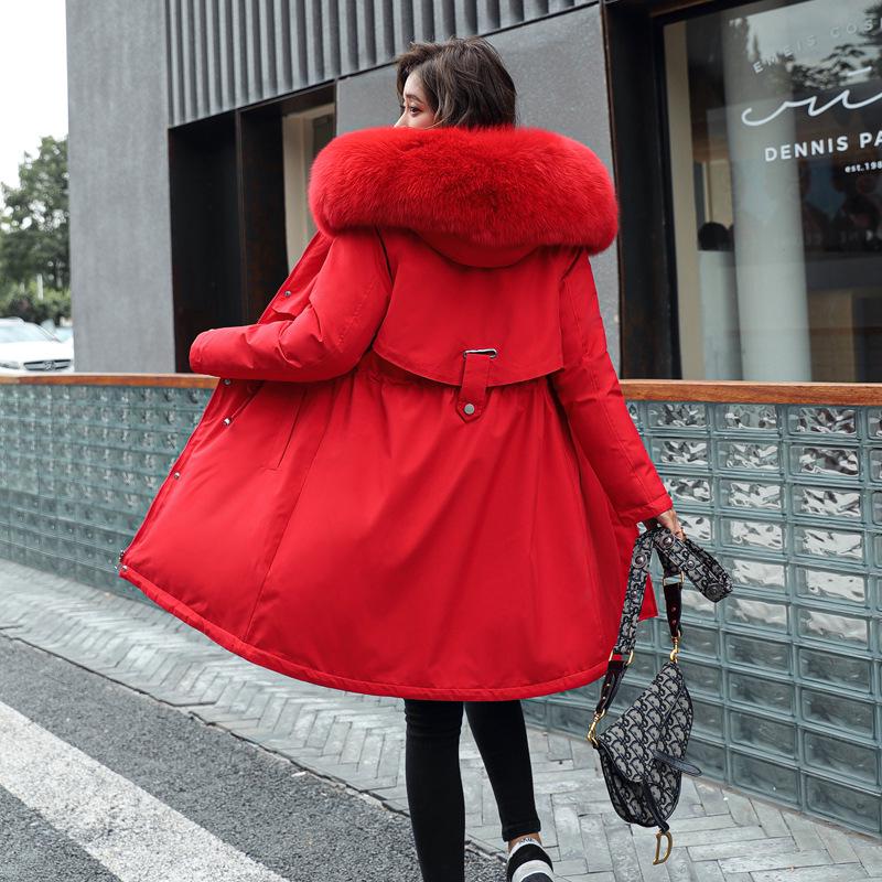 Winter Jacket Parkas Women Mid-length Large Fur Collar Plus Fleece Down Coat Thick Warm Long Coats Hooded Adjustable Waist Plus Size Maxi Outwear