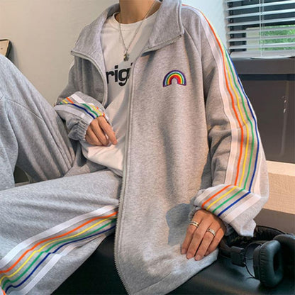 Casual Suits Men's Spring and Autumn Suits Tide Brand Striped Cardigan Jacket Loose Rainbow Sportswear Two-piece Set