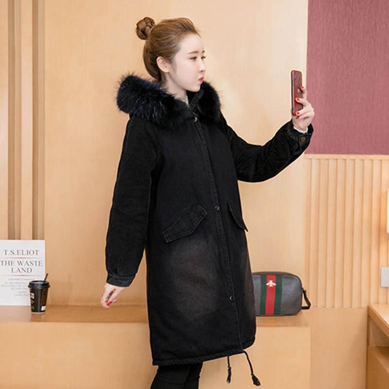 Denim Cotton Jacket Women's Mid-length Autumn and Winter Loose Plus Velvet Thick Cotton Coat Tide