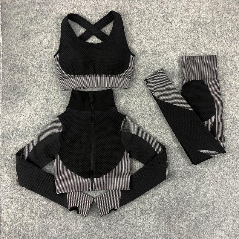 3PCS Seamless Knitted Yoga Suit Set Four Seasons Universal Hip Lift Fitness Sports Suit Gym Running Trousers Vest Long-sleeved Jacket Three-piece Set