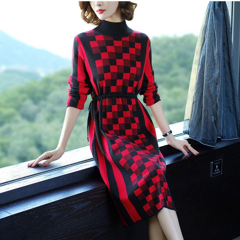 Autumn Winter Plaid Knitted Dress Women's Long  Bottoming Sweater Dress Slim High Neck Pullover Sweater with Sashes