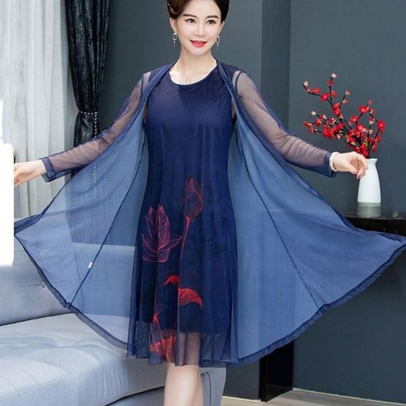 Chiffon Shirt + Dress 2pcs Suit  Women's Sun Protection Clothing Sun-Dress Mid-length Plus Size Shawl Loose Outer Chiffon Cardigan Thin Coat Beach