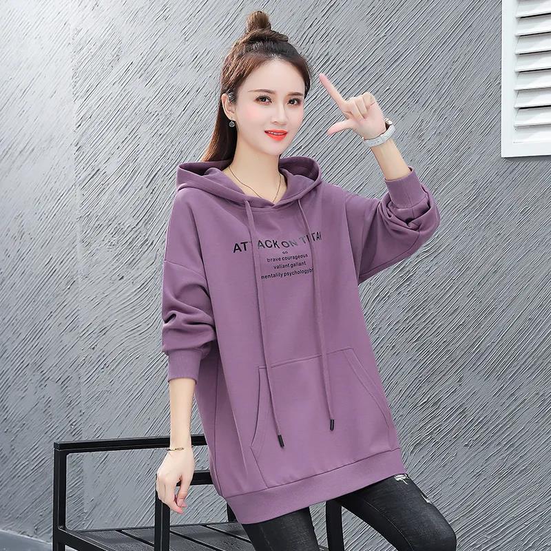 Women's Cotton Mid-length Hooded Sweater Autumn Solid Color Thin Hoodies Spring Large Size Loose Casual Coat