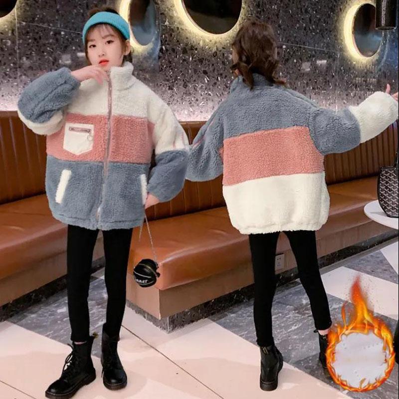 Girls' Warm Autumn and Winter Jacket Colorblock Plus Cotton Padded Top