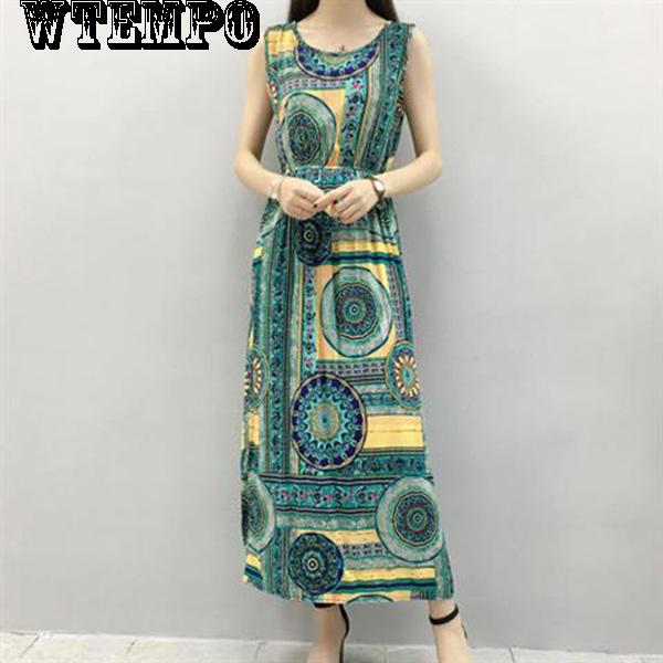WTEMPO Floral Beach Holiday Skirt Sleeveless Long Skirt Female Summer Bohemian Print Beach Dress