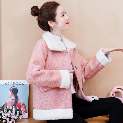 Lamb Wool Coat Female Autumn and Winter Korean Version Plus Velvet Color Matching Fur One Thickened Short Lamb Wool