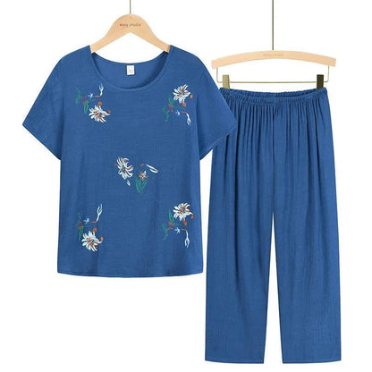 Women Clothes Summer Cotton and Linen Homewear Set Short Sleeve Floral Print T-shirt Pants Loose Two Pieces Set Outfit for Middle-aged Large Size