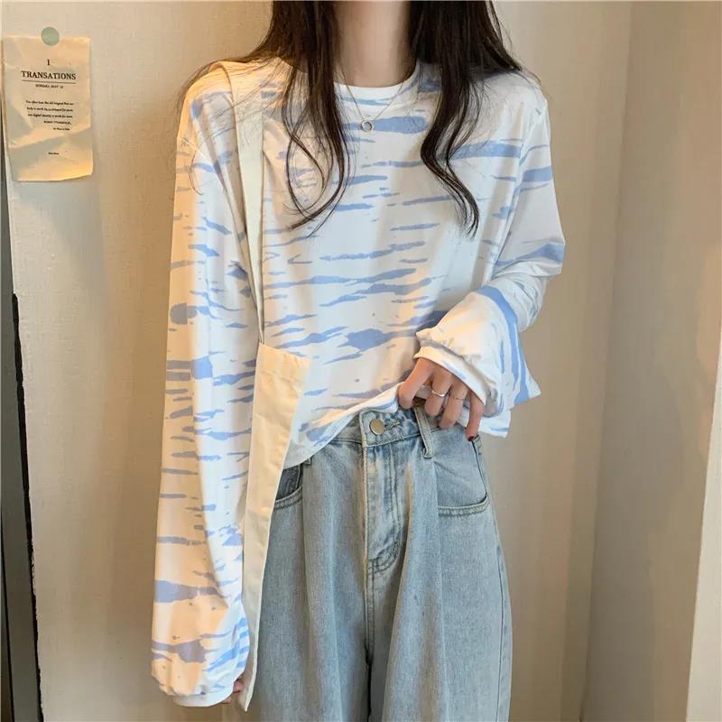 Tie-dye Striped T-shirt Women's Spring and Autumn Loose Short Long-sleeved Top Bottoming Shirt