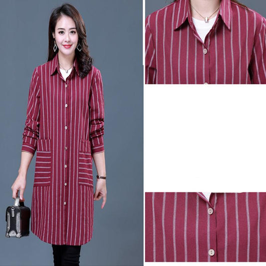 Women's Long-sleeved Striped Shirt Loose Casual Plus Size Mid-length Blouse