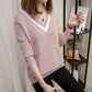 Autumn Women Sweater Long Sleeve Solid Color Cutout Casual Pullover Loose V Collar  Female Sweater
