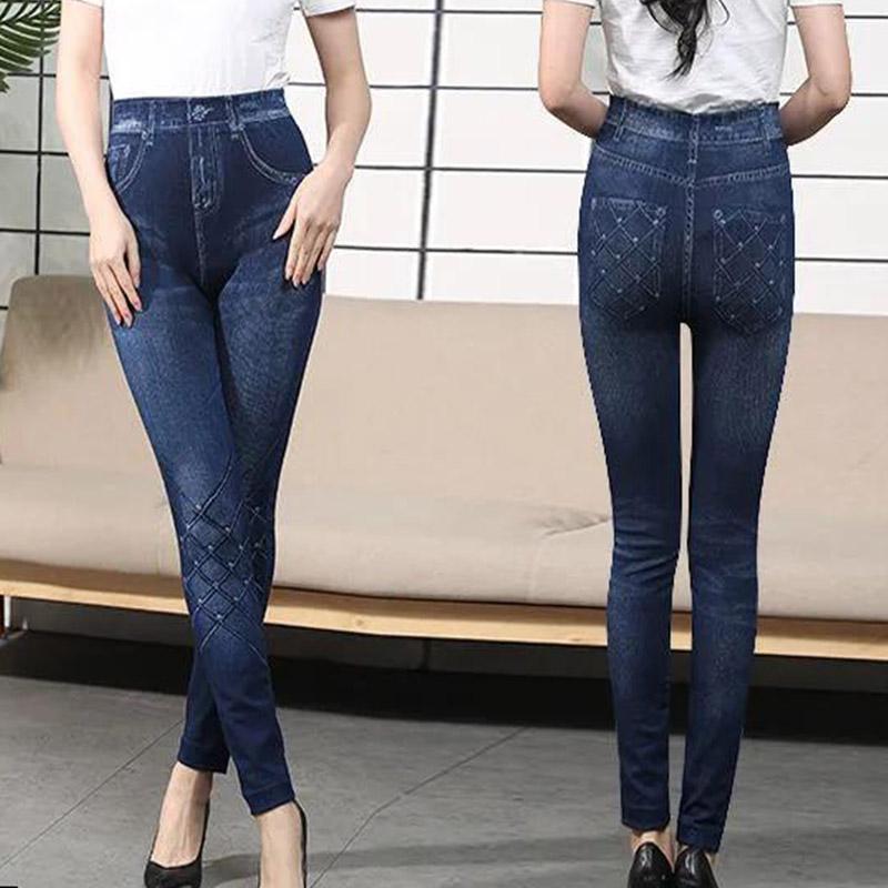 High Waist Stretch Denim Printed Leggings Women's Trousers and Velvet Feet Casual Pants and Velvet Thickening Fashionable and Versatile