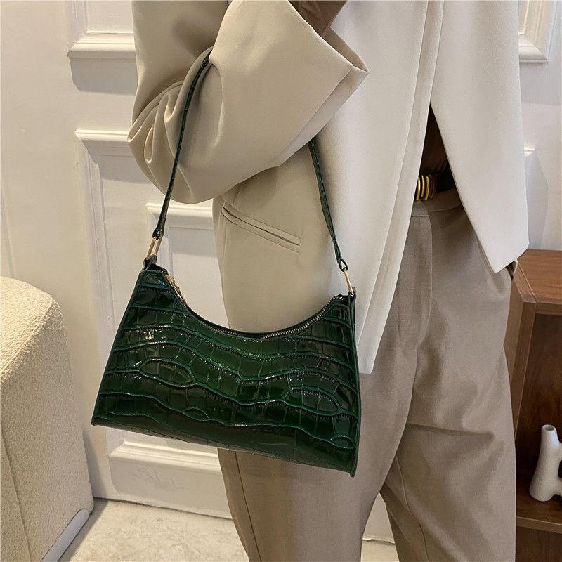 Exquisite Shopping Bag Niche Underarm Bag Women Retro Casual Women's Shoulder Bag Crocodile Grain Leather Solid Color Women's Chain Handbag