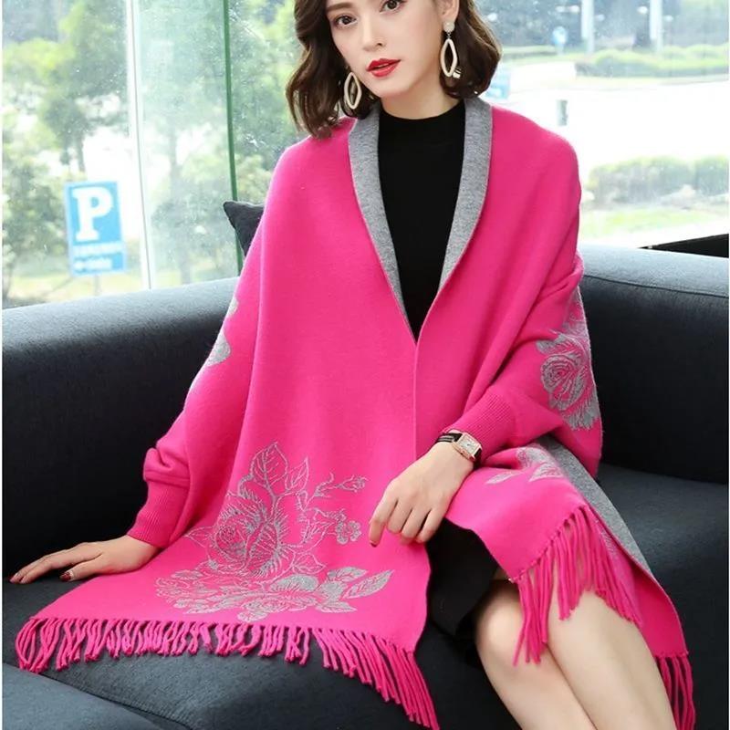 Shawl Women's Autumn/winter Cape-style Jacket Mid-length Tassel Jacquard Knitted Cardigan Thickened Two-wear Faux Cashmere Outer Wear