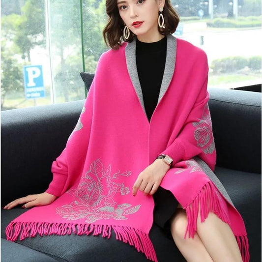 Shawl Women's Autumn/winter Cape-style Jacket Mid-length Tassel Jacquard Knitted Cardigan Thickened Two-wear Faux Cashmere Outer Wear