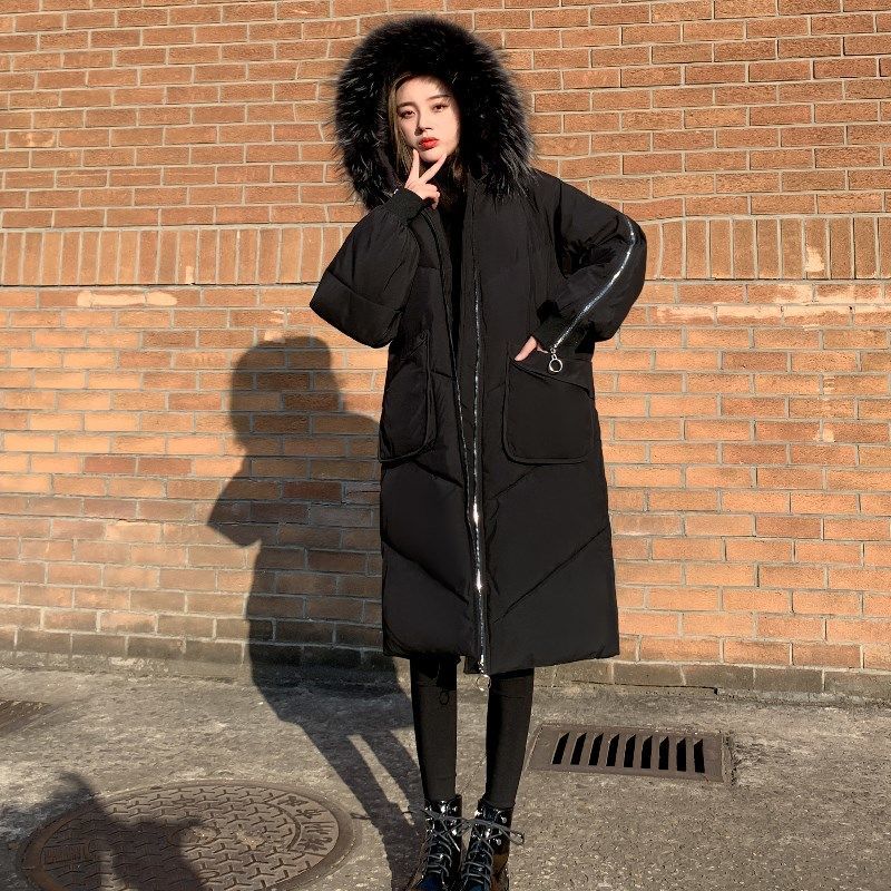 Women's Mid-length Cotton-padded Jacket Winter Fluffy Fur Collar Hooded Loose Down Cotton-padded Jacket Over-the-knee Padded Warm Jacket