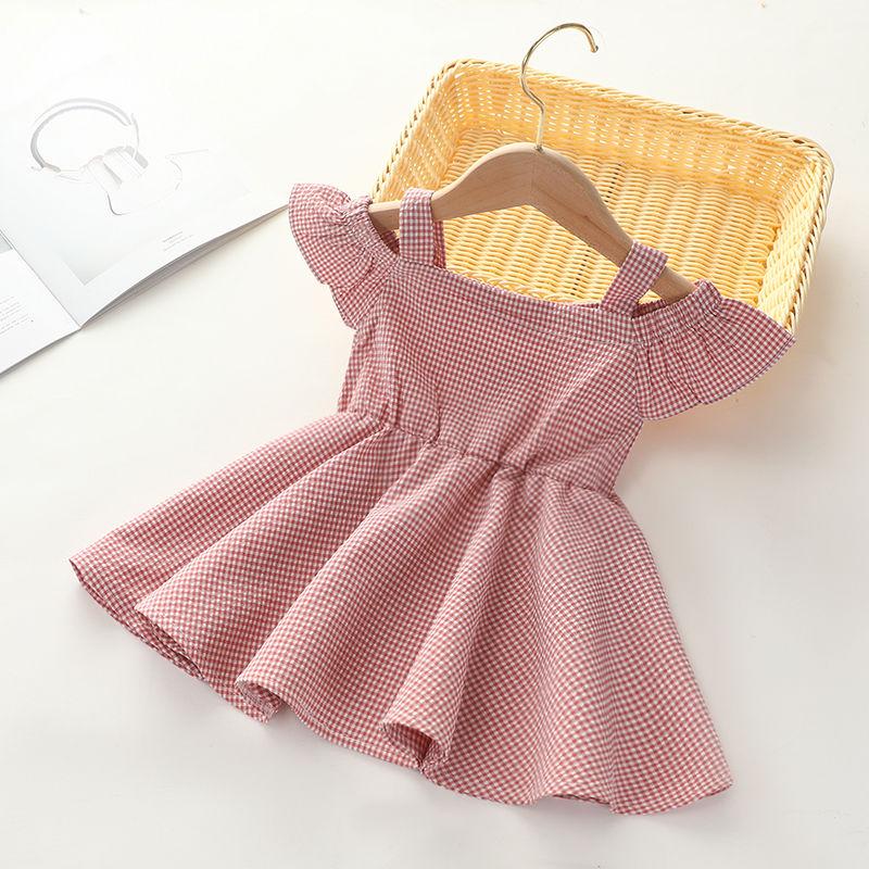 Children Dress Girls Summer Suspender Skirt Dress Korean Princess Skirt Plaid Single Breasted Strapless A-line Dress