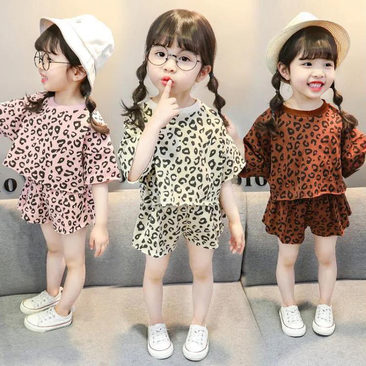 Girls' New Leopard Print Baby Summer Indoor Air-conditioning Suit Short-sleeved Shorts 2-piece Set