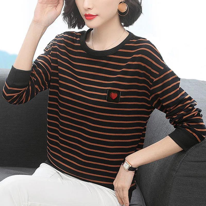 Large Size T-shirt Women's Spring and Autumn Loose Bottoming Shirt Round Neck Striped Long Sleeve All-match Top