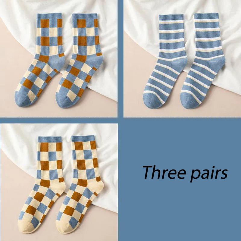 Three Pairs of Women's Socks Korean Fashion Plaid High Socks Autumn and Winter Retro Wild Pile Socks