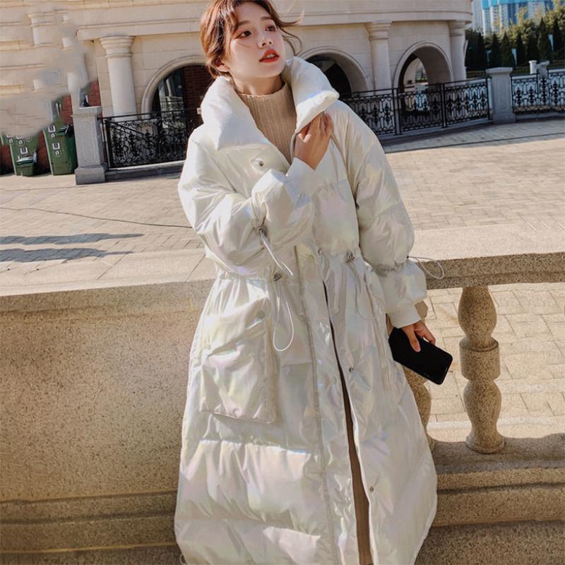Women's Winter Korean Style Loose Quilted Jacket Warm Stand-up Collar Down Jacket Women's Bright Patent Leather Long Down Jacket