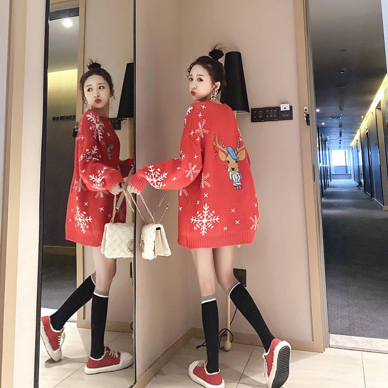 Women 2 Colors Christmas Theme Elk Embroidery Long Section Sweater Crew Neck Loose Pullover