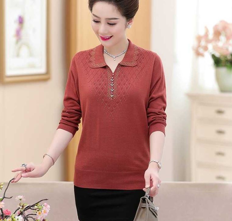 Autumn and Winter Women's Loose and Casual Plus Size Sweater Fashion Solid Color Lapel Long Sleeve Mother Clothes