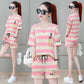 Cotton Striped Sports Suit Women Loose Round Neck Short Sleeve Tethered Shorts Two-piece Running Casual Wear Cute Home Wear Pajamas