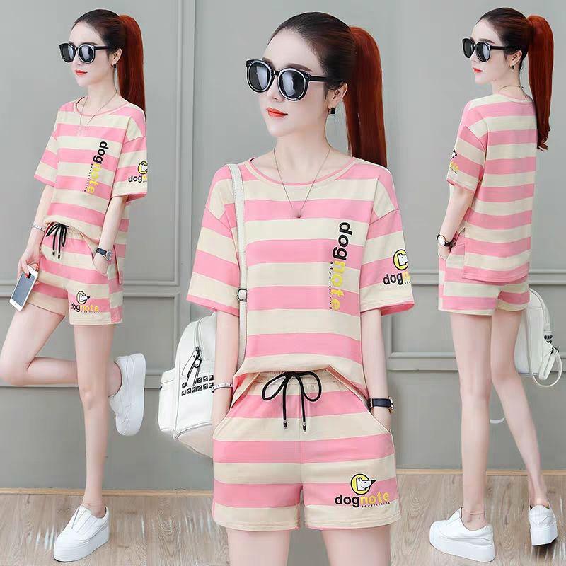 Cotton Striped Sports Suit Women Loose Round Neck Short Sleeve Tethered Shorts Two-piece Running Casual Wear Cute Home Wear Pajamas