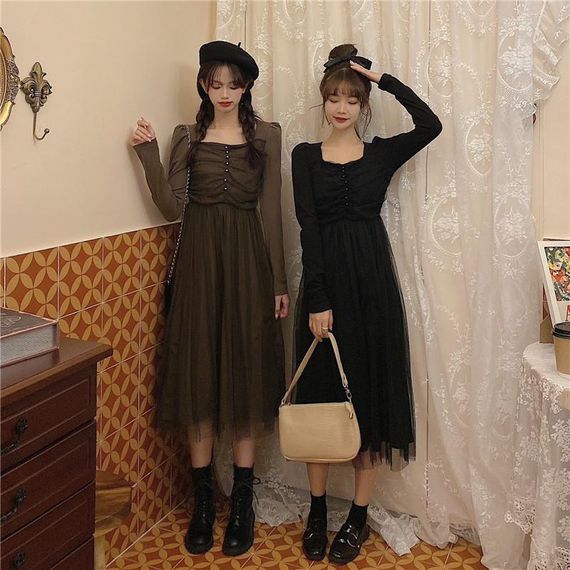 French Dress Korean Style Mid-length Long-sleeved Square Neckline Mesh  Receiving Waist Slim Skirt