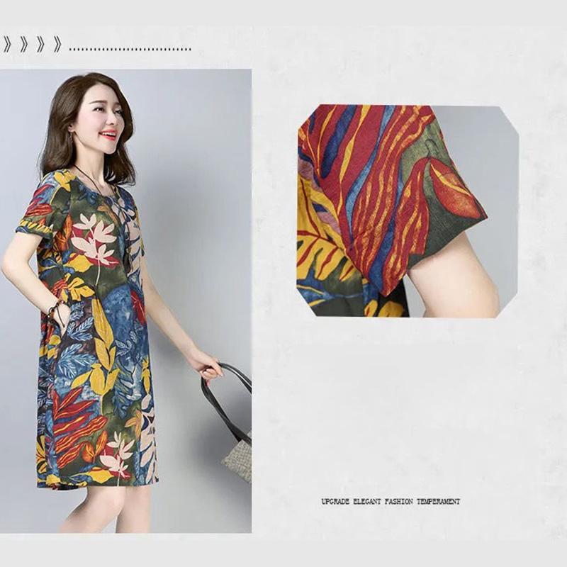 Cotton Plus Size Women's Printed Short-sleeved Dress Loose and Thin Ethnic Style Leaf Skirt