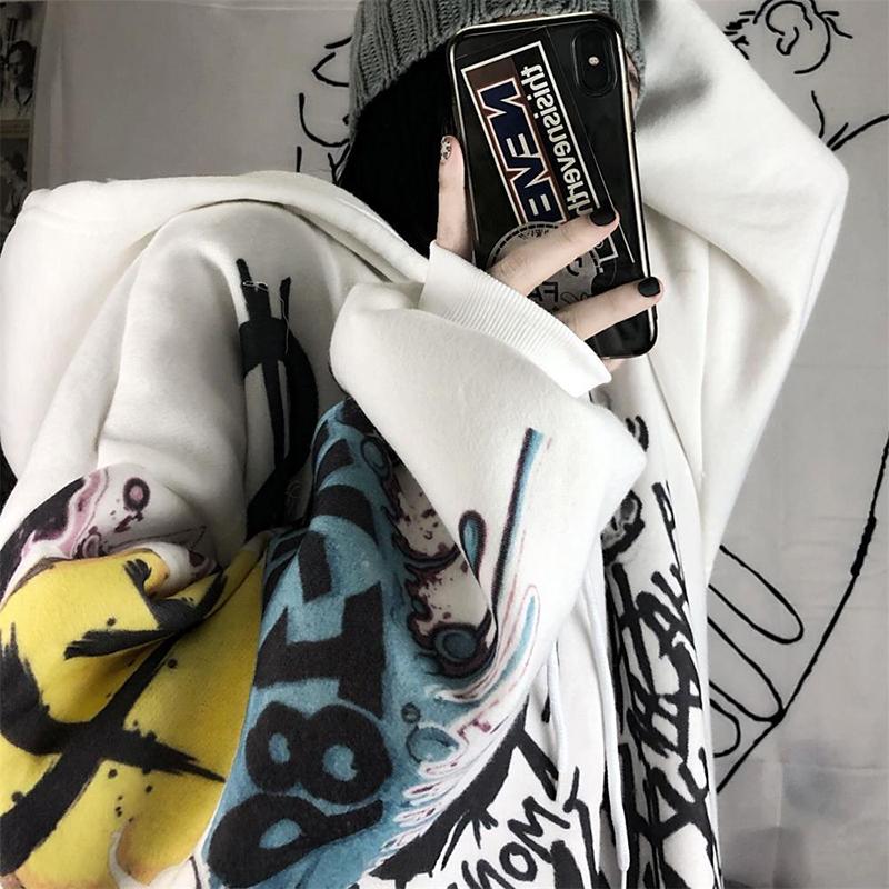 Fashion Sweatshirts Graffiti Printed Oversized Harajuku Hoodies Women Streetwear Hip Hop Pullover Hooded Tops Winter Fleece Clothes Plus Size Coat