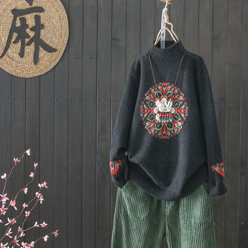 National Style Vintage Pullover Sweater Women Autumn Winter High-neck Plus Size Inner Base Sweater Loose Knitwear