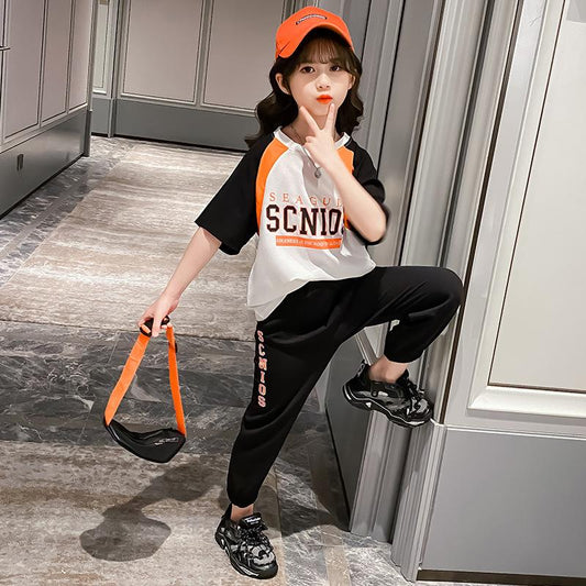 Girls Summer Korean Version Suit Printing Pullover Short-sleeved Casual Loose Trousers Breathable and Comfortable Sports Two-piece Set