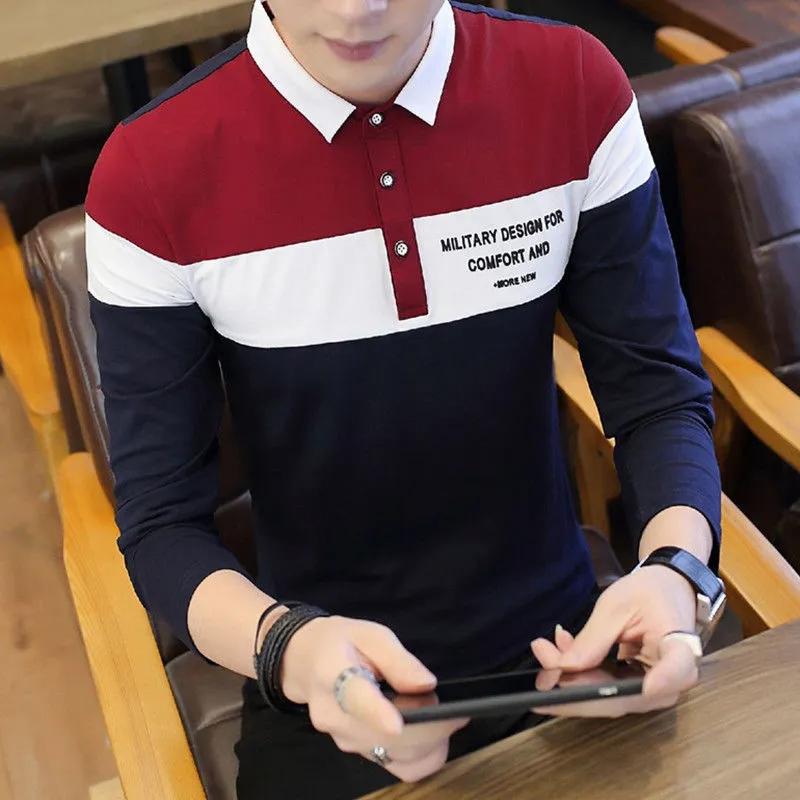 Spring Men's Long-sleeved Polo T-shirt Stitching Color Lapel Shirt Youth Trend Bottoming Shirt Men's Collar Top