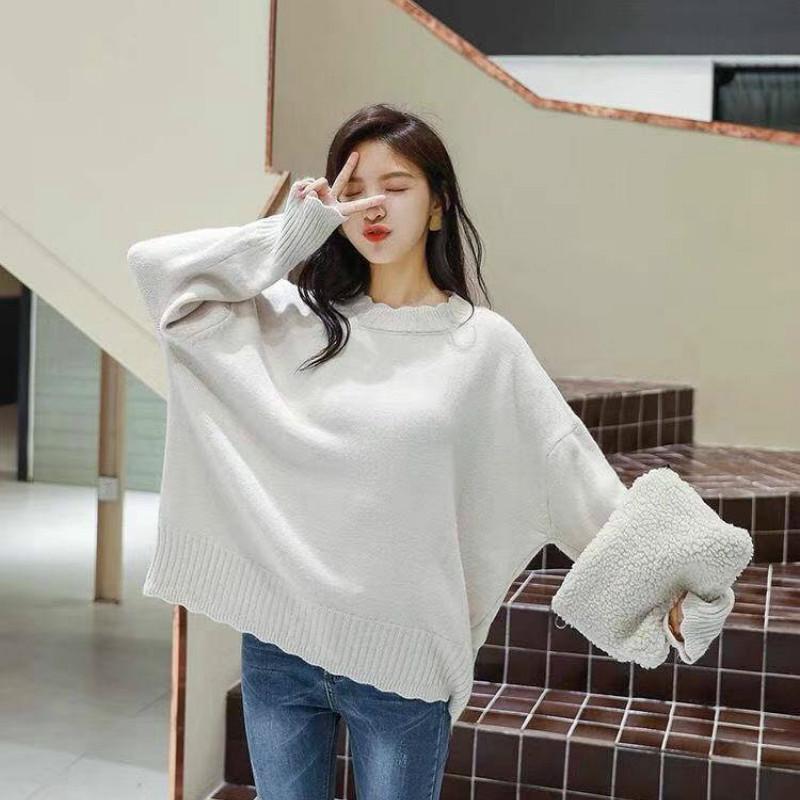 Autumn and Winter Sweater Women's Hedging Loose Solid Color Petal Collar Base Sweater