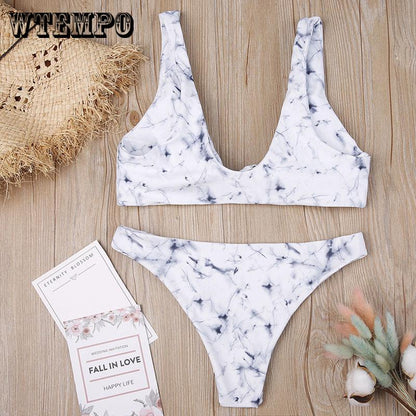 WTEMPO Sexy chest knotted marbled print bikini explosion style ink style split swimsuit
