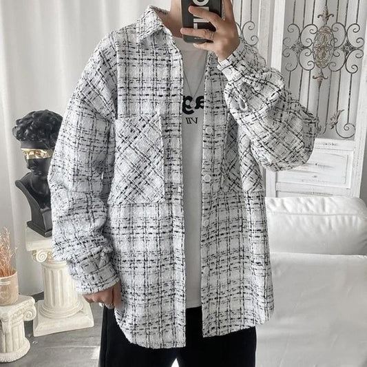 Autumn Woolen Plaid Short Jacket Men's Loose Top Jackets Trendy Brand Trend Casual All-match Jackets