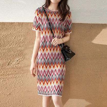 Sweet Colorful Diamond-shaped Dress Women's Round Neck Thin Mid-length Bag Hip Straight Dress Summer Loose Geometric Printing Dress