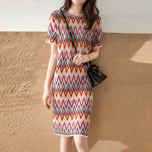 Sweet Colorful Diamond-shaped Dress Women's Round Neck Thin Mid-length Bag Hip Straight Dress Summer Loose Geometric Printing Dress