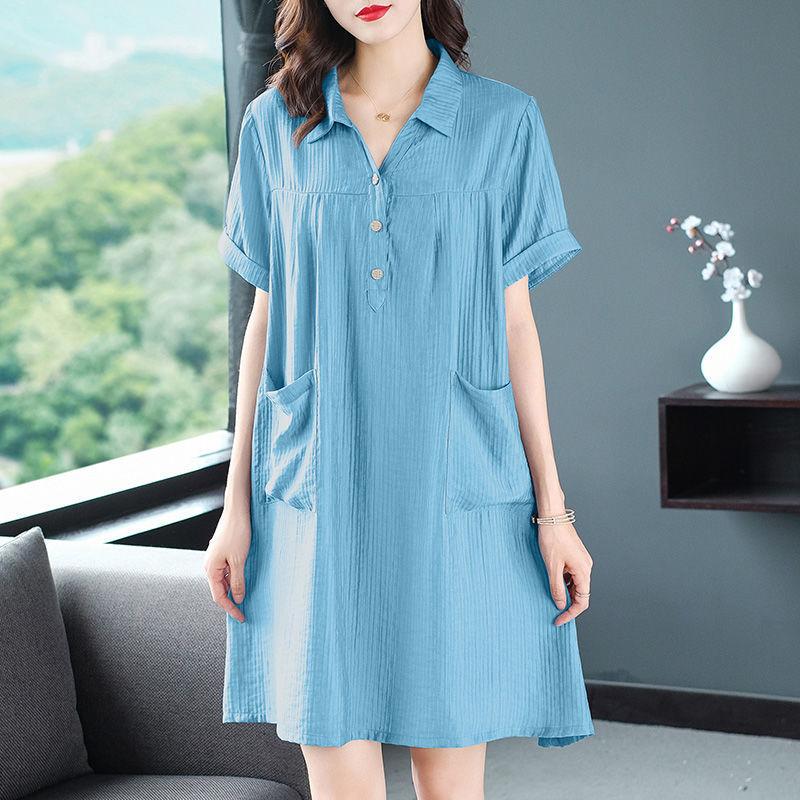 Women T-shirt Dress Loose Turn-down collar Casual Loose Big Pocket Short Sleeve Buttons Dress
