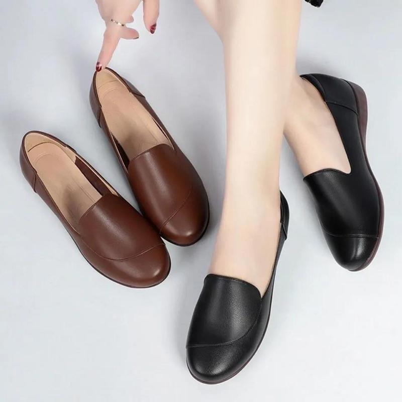 Solid Color Soft Leather Shoes Women's Scoop Shoes Flat Comfortable All-match Long Standing Not Tired Work Shoes Ladies Casual Leather Shoes