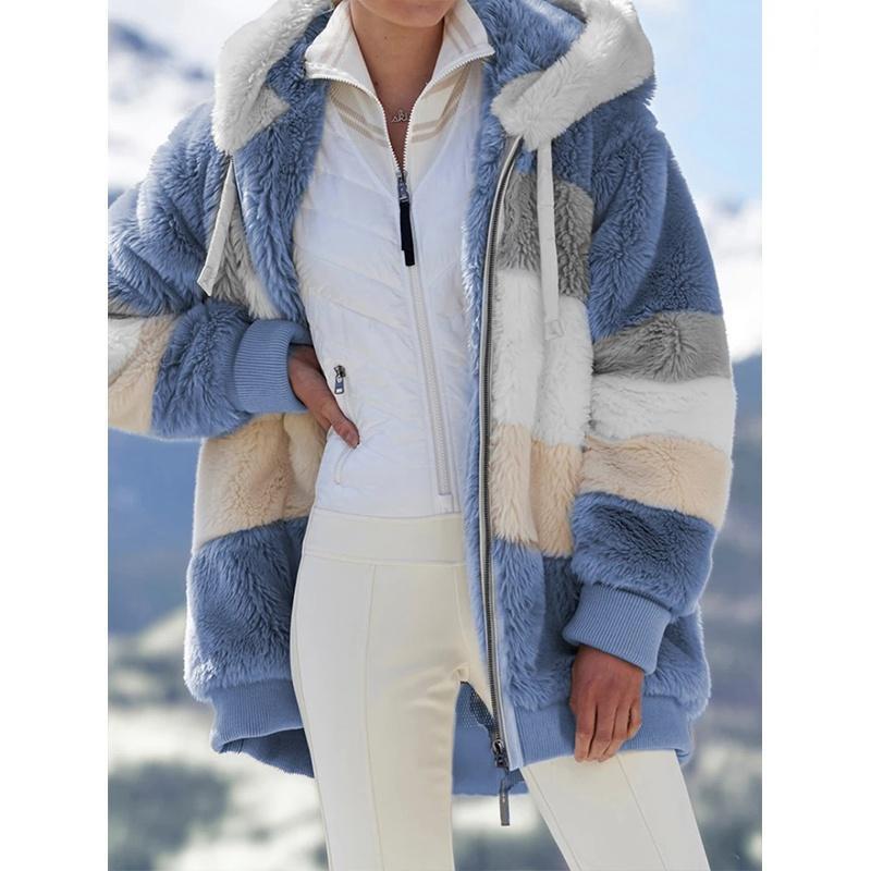 Women's Autumn and Winter Plush Warm Loose Hooded Jacket Plus Velvet Thick Women Multicolor Coat Girls Stripe Sleep Wear Big Size Plus Size S-5XL