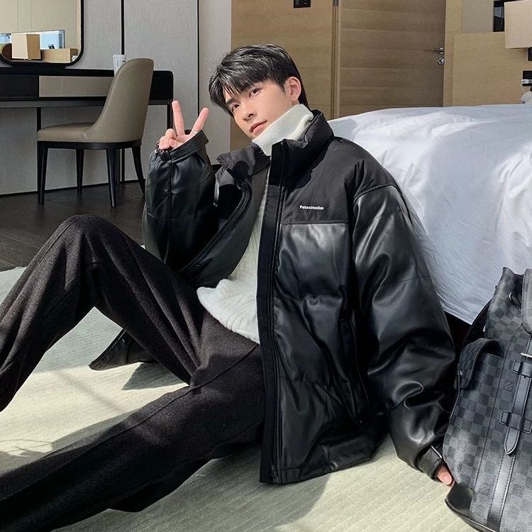 Loose and Thick PU Leather Cotton Jacket Men's Winter Korean Style Trendy Stand-up Collar Short Bread Suit Cotton Jacket Ins