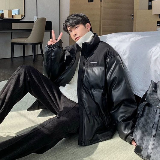 Loose and Thick PU Leather Cotton Jacket Men's Winter Korean Style Trendy Stand-up Collar Short Bread Suit Cotton Jacket Ins