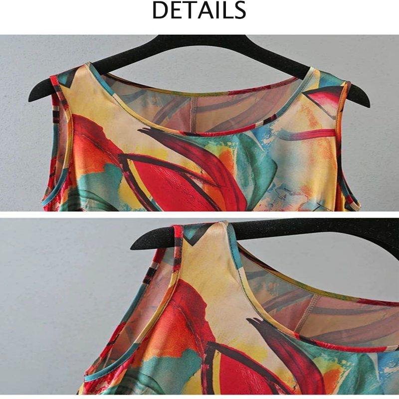 Summer Ethnic Print Satin Fabric Dress Round Neck Mom Loose Slim Mid-length Vest Skirt Daily