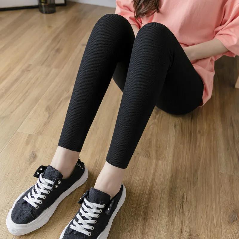 Solid Color Winter Plus Velvet Thick Vertical Striped Leggings Women's Outer Wear Trousers Plus Size Tight-fitting Stretch High-waist Pants
